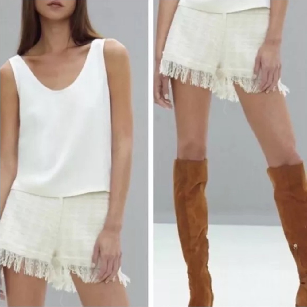 Alexis Damon Ivory Boucle Fringe Tweed Shorts Size Large